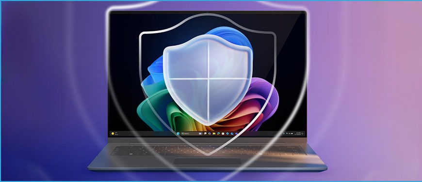 Konec podpory Windows 10: Objevte novou éru bezpečí a produktivity s Windows 11 Pro a Copilot+ PC logo obranného štítu na notebooku se systémem Windows 11 Pro