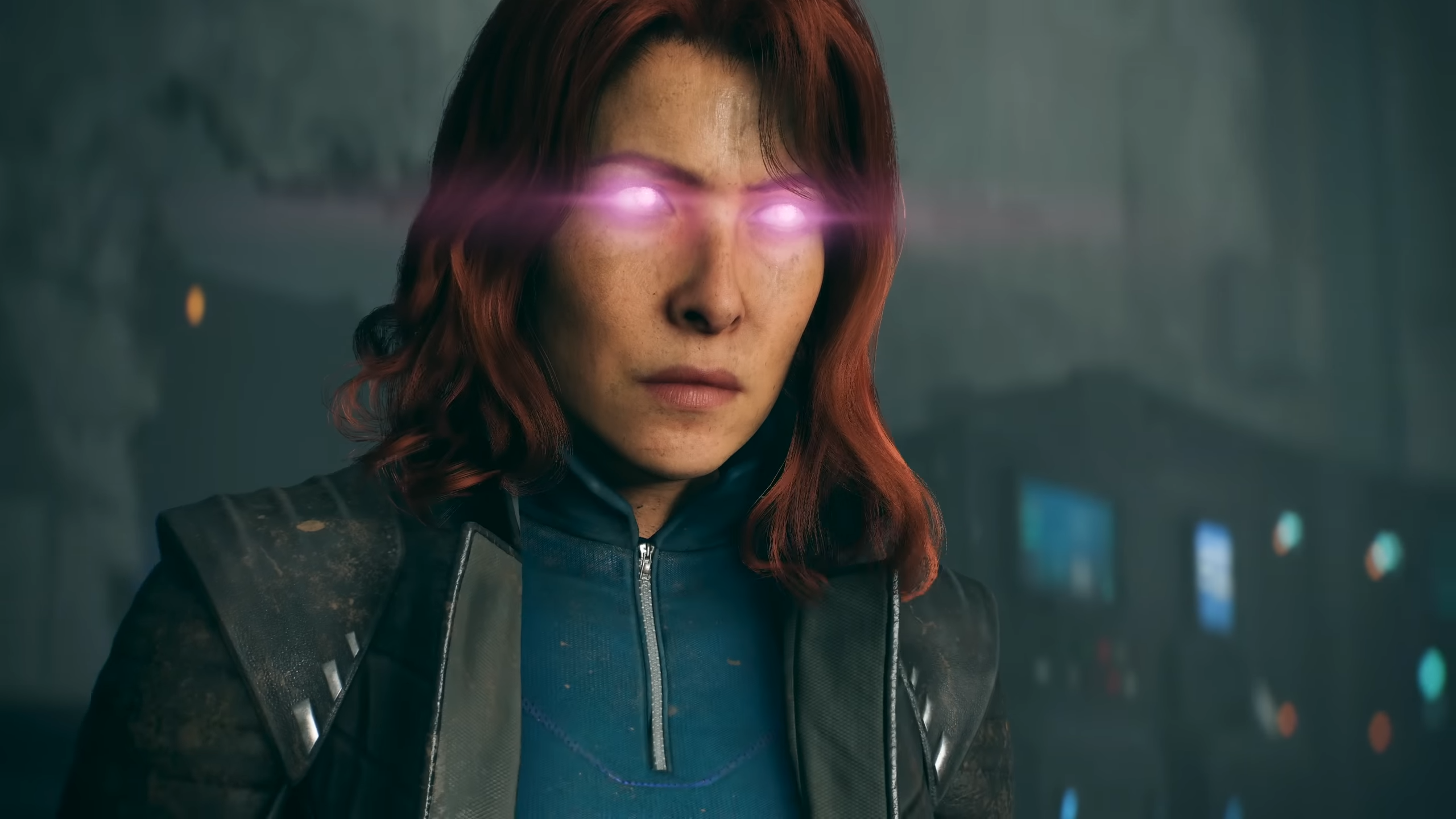 Jean Grey s fialově svítícíma očima