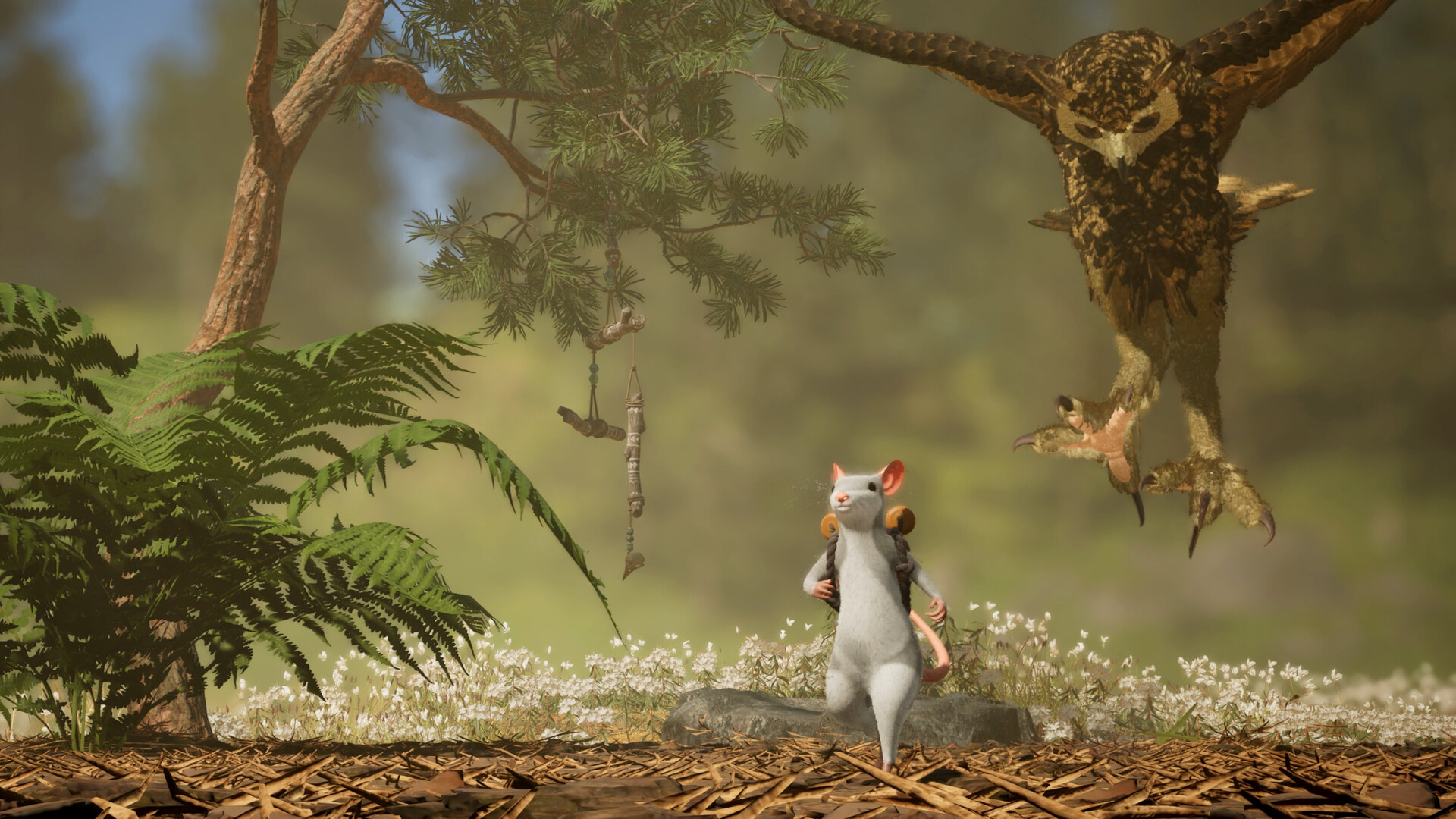 Myš ze hry Hela: of Mice & Magic utíká, za ní se snáší k zemi výr