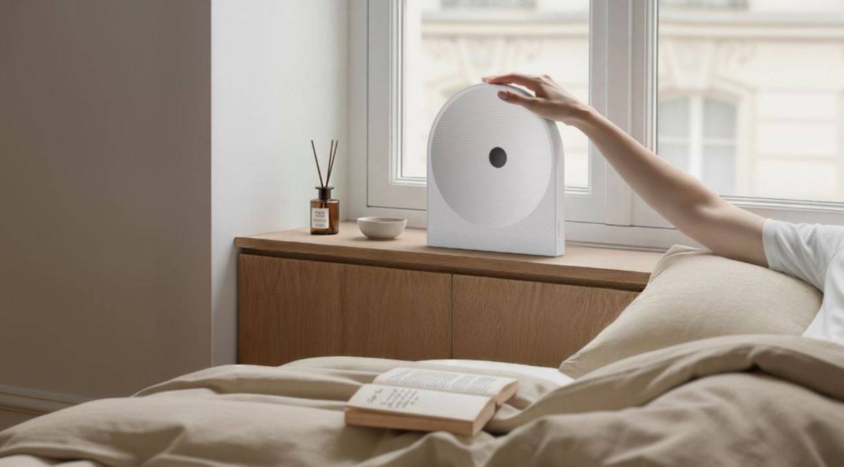 Bezdrátový reproduktor Samsung Music Studio: Stylový design a výjimečný zvuk bílý reproduktor samsung music studio 5 v bíle barvě na okne, na který saha osoba v posteli, která ma rozečtenou knížku.