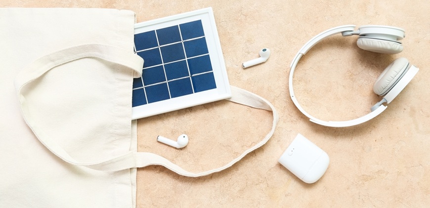 Sluchátka do uší, souchadla přes hlavu, solární powerbanka a taška