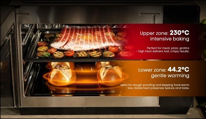 Když mikrovlnka umí víc, než čekáte: Hisense Speed Oven 7in1 zastane práci za 7 spotřebičů trouba hisense rozdelena na horni a spodni cast, v kazde je jina teplota