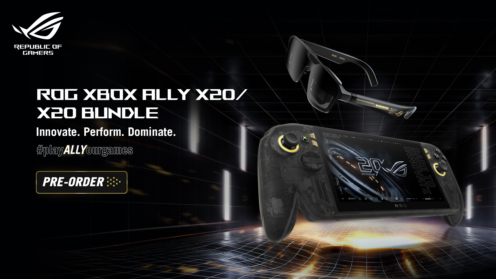 ROG XBOX Ally X20: Nový limitovaný herní handheld a herní set oslavuje 20 let ROG Handheld ROG XBOX Ally X20, vpravo se vznáší handheld, nad kterým jsou AR brýle, vlevo je nápis ROG XBOX ALLY X20/X20 BUNDLE