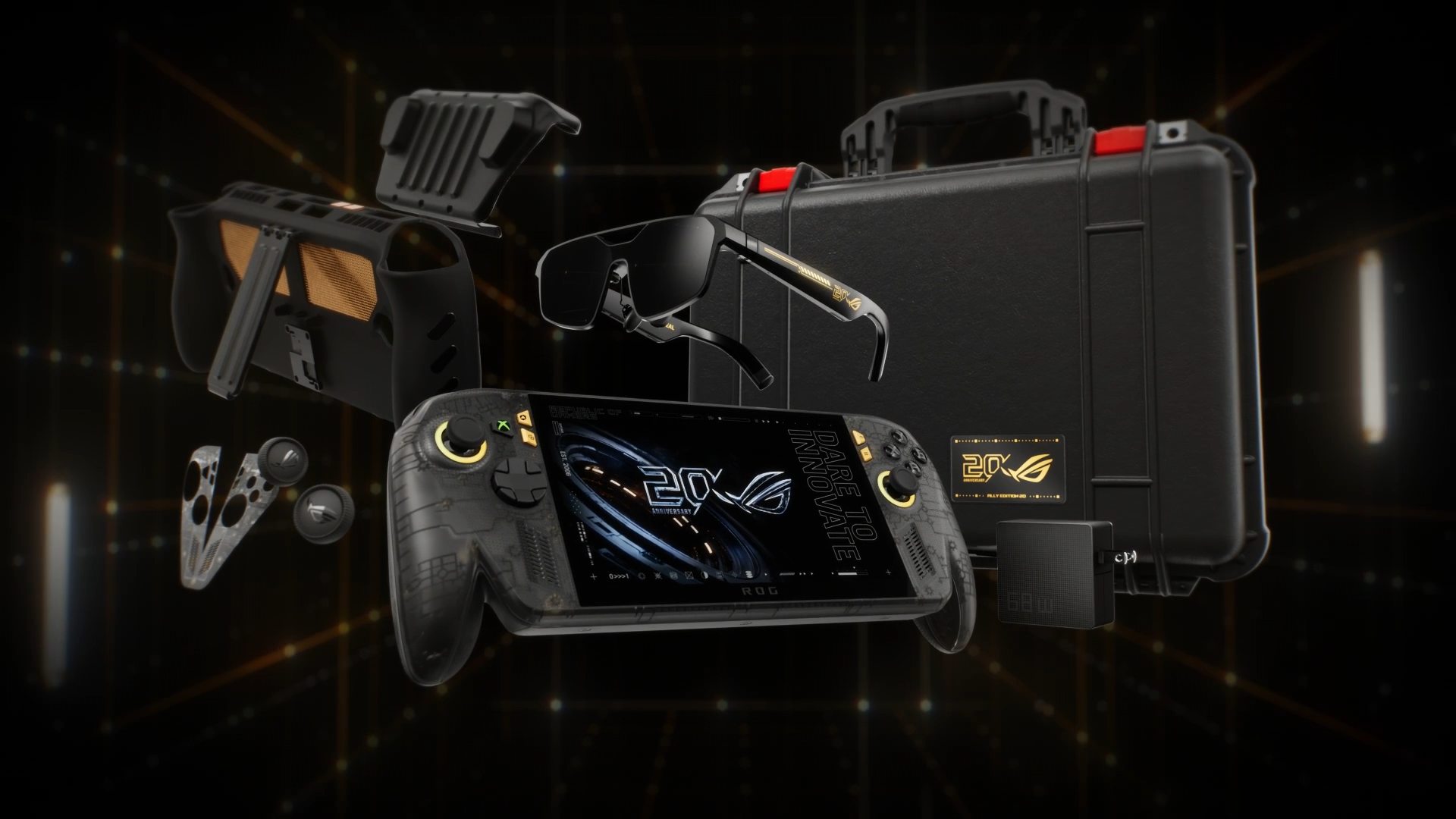 ROG XBOX Ally X20: Nový limitovaný herní handheld a herní set oslavuje 20 let ROG Herní set ROG XBOX Ally X20: ve vzduchu se vznáší handheld, AR brýĺe, ochranné pouzdro a další příslušenství