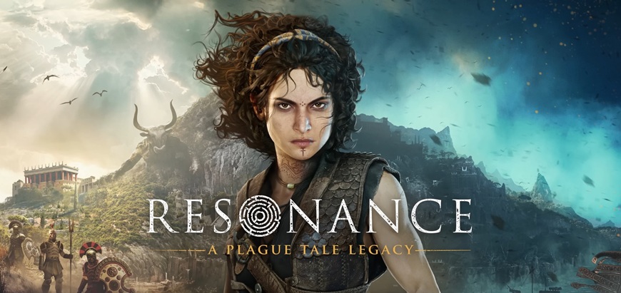 Resonance: A Plague Tale Legacy – než přišly krysy Postava Sophie, na pozadí jsou vlevo mínojští vojáci, dole je logo hry Resonance: A Plague Tale Legacy
