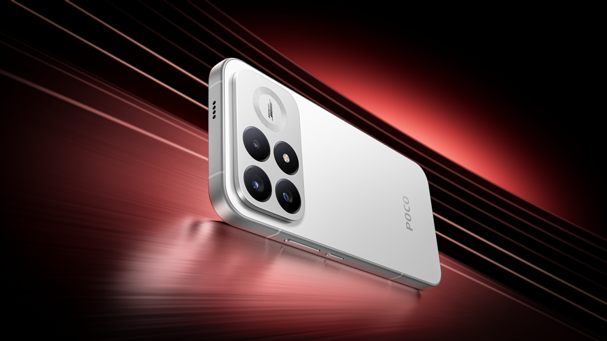 Bílý telefon řady POCO F9 na abstraktním pozadí