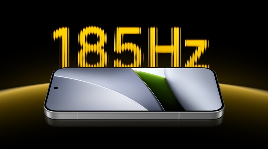 Ležící telefon POCO F9 Ultra na grafickém pozadí s nápisem 185 Hz