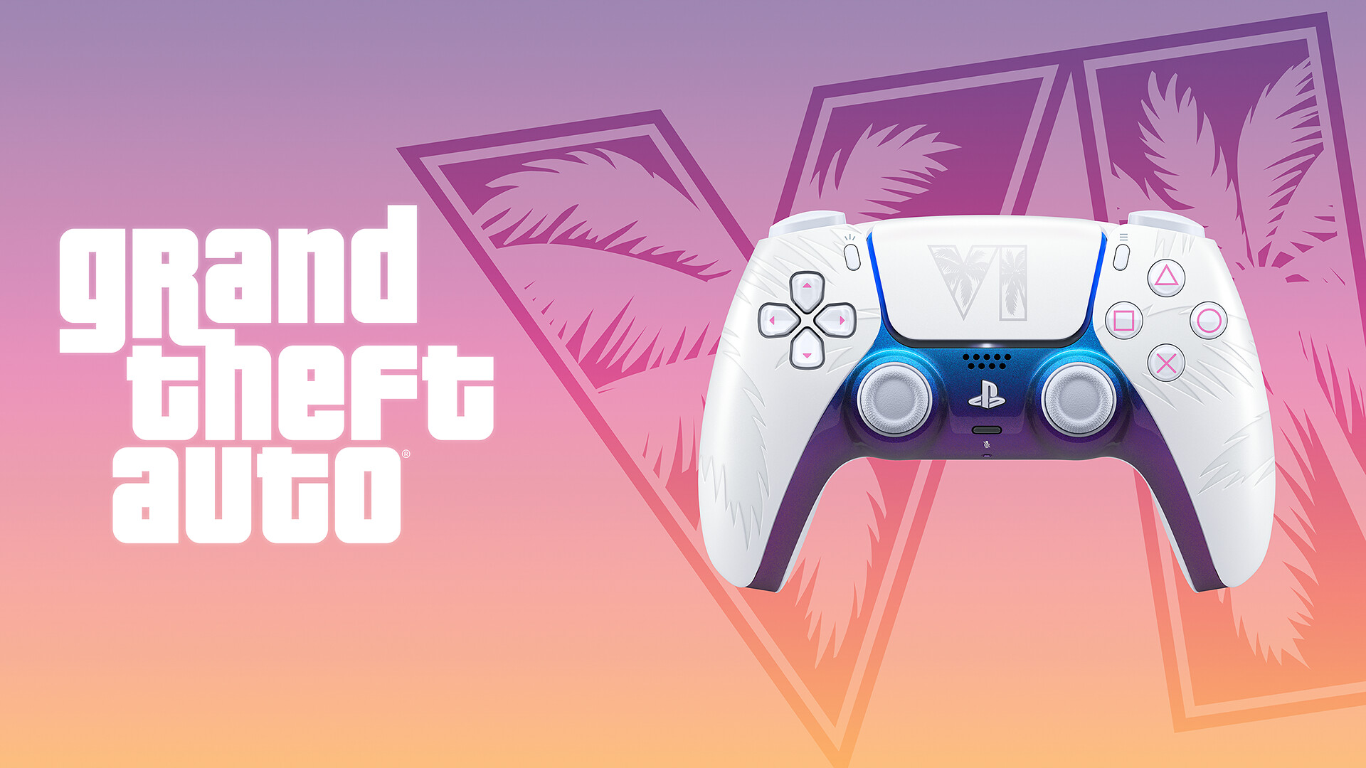 DualSense pro GTA VI: limitovaná edice ve stylu Vice City Bílý ovladač DualSense GTA VI, vlevo je logo GTA Vi