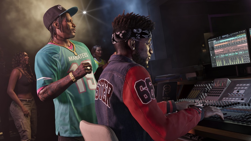 Dvě postavy z GTA VI v klubu u mixážního pultu