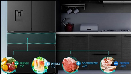 zásuvka lednice hisense, ve ktere lze menit teplota od minus 20 do plus 5 °C. Jsou tam obrazky, jakou ptoravinu, do jake teploty umistit.