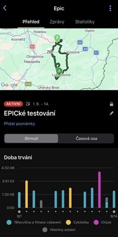 Screenshot z aplikace Garmin Connect – záznam funkce EPIC