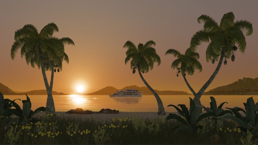 Transport Fever 3: Vybuduj ještě větší dopravní impérium v novém simulátoru Západ slunce nad oceánem, v popředí palm,y záběr ze hry Transport Fever 3