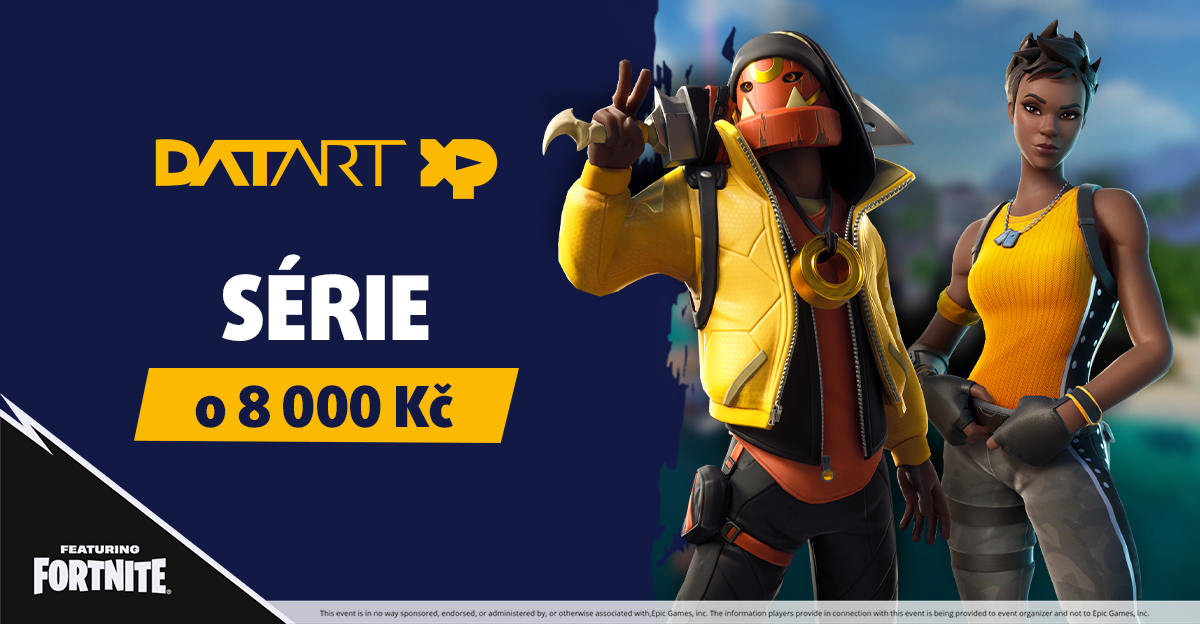 Vpravo dvě postavy z Fortnite, vlevo logo DATART XP a nápis Série o 8000 Kč