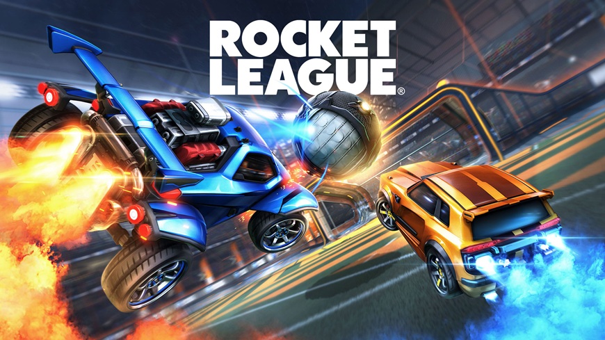 Dvě auta a míč na hřišti ve hře Rocket League