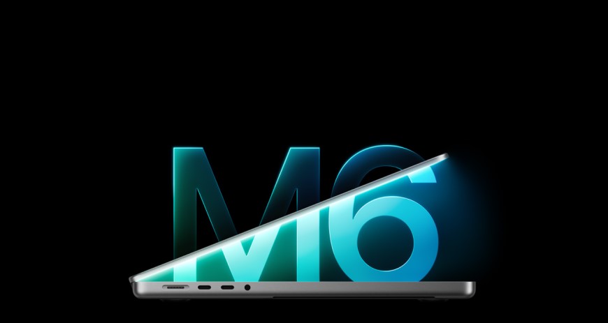 Zapomeňte na dýně, Halloweenský týden pokračuje úrodou „jablečných“ novinek – Apple odhalil nový iMac a MacBook Pro se supervýkonnými čipy M6! Metaforické vyobrazení polootevřeného notebooku MacBook Pro s modrým nápisem M6, zasazeným do černého pozadí