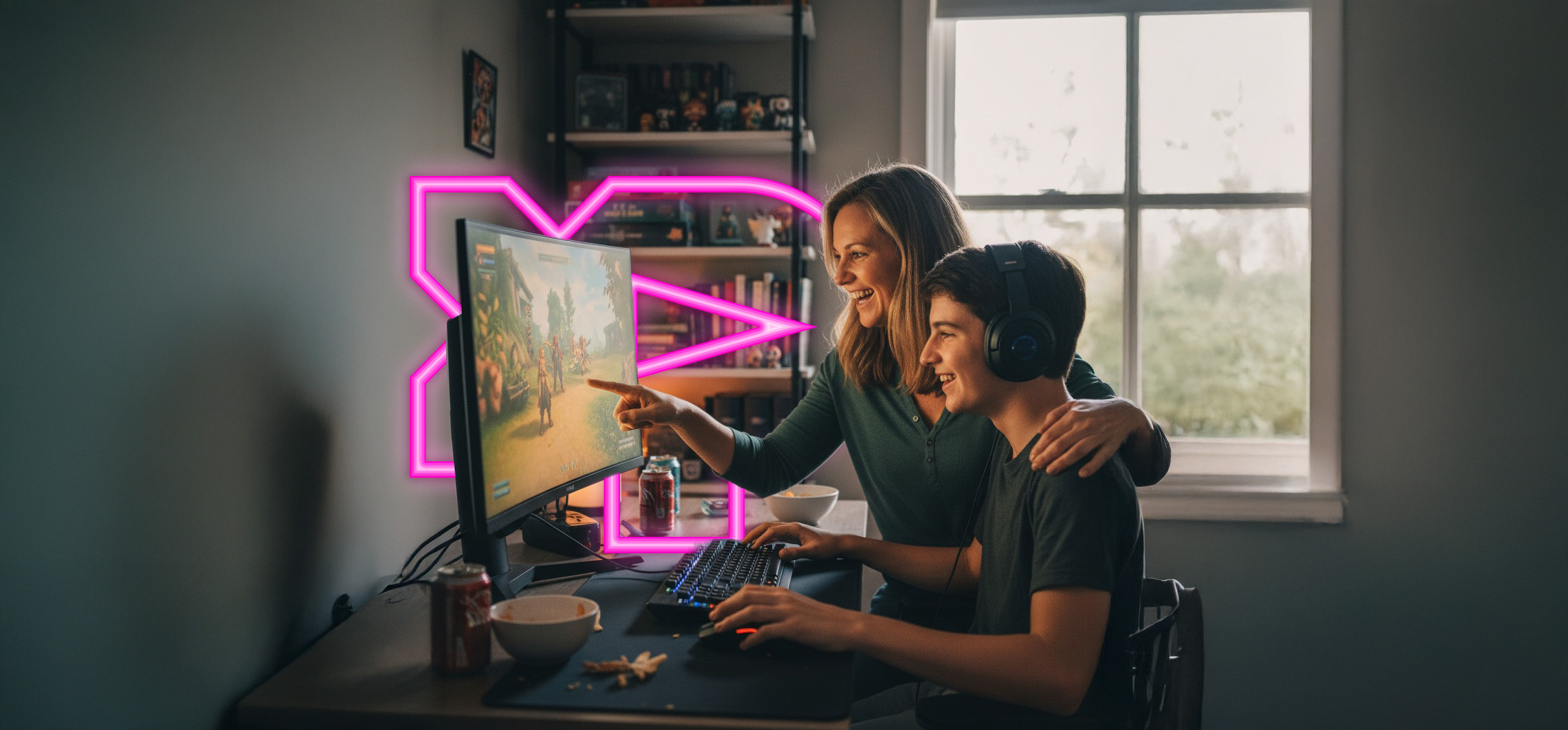 U PC sedí teenager, kterého kolem ramen objímá matka, spoelčně hrají hru na PC, na pozadí je neonové logo DATART XP