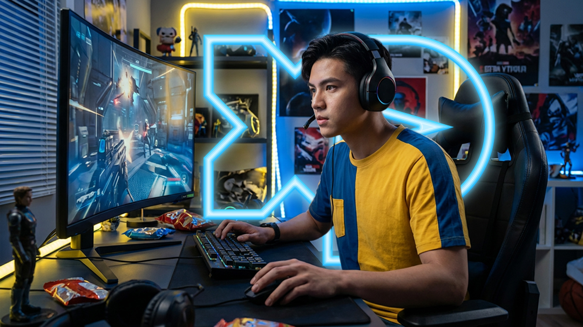 Mladý muž hraje hru na PC, na pozadí je svítící neonové logo DATART XP