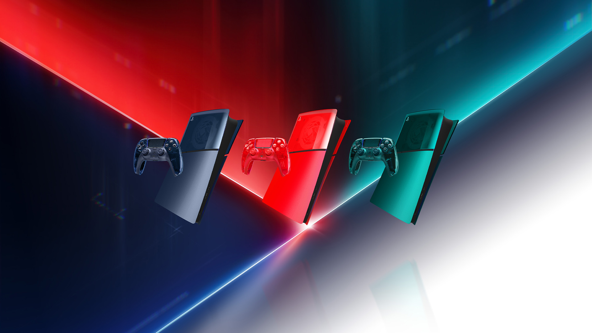 Nové ovladače DualSense pro PS5: kolekce Prism přináší průsvitné trio Kolekce Prism: Ovladače a kryty kolekce vedle sebe, vlevo šedý, uprostřed oranžový, vpravo zelený