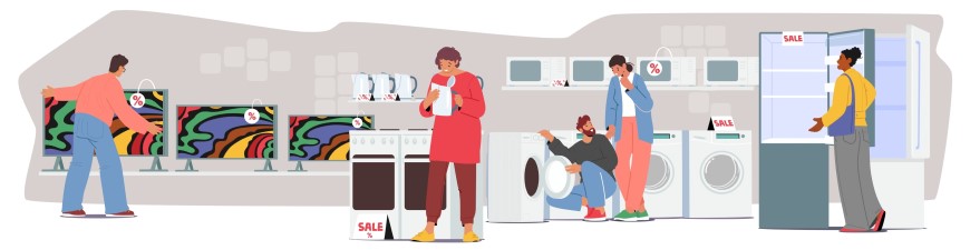 10 nejčastějších chyb, které zkracují životnost elektroniky Ilustrace nákupu nového elektronického zařízení v obchodě