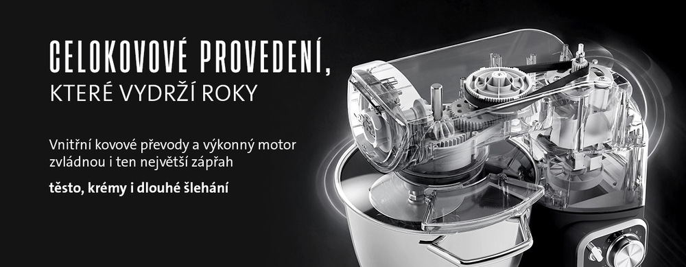 Který kuchyňský robot ETA Gratus vybrat? Kuchyňský robot ETA Gratus s celokovovým provedením a průhledným náhledem na vnitřní kovové převody, motor a řemenový mechanizmus. Na banneru je text: Celokovové provedení, které vydrží roky – vnitřní kovové převody a výkonný motor pro těsto, krémy i dlouhé šlehání.