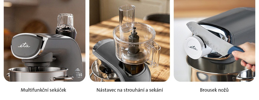 Který kuchyňský robot ETA Gratus vybrat? Ukázka přídavného příslušenství pro kuchyňský robot ETA Gratus: Multifunkční sekáček na horním výstupu, Nástavec na strouhání a sekání s nádobou a Brousek nožů nasazený na robotu.