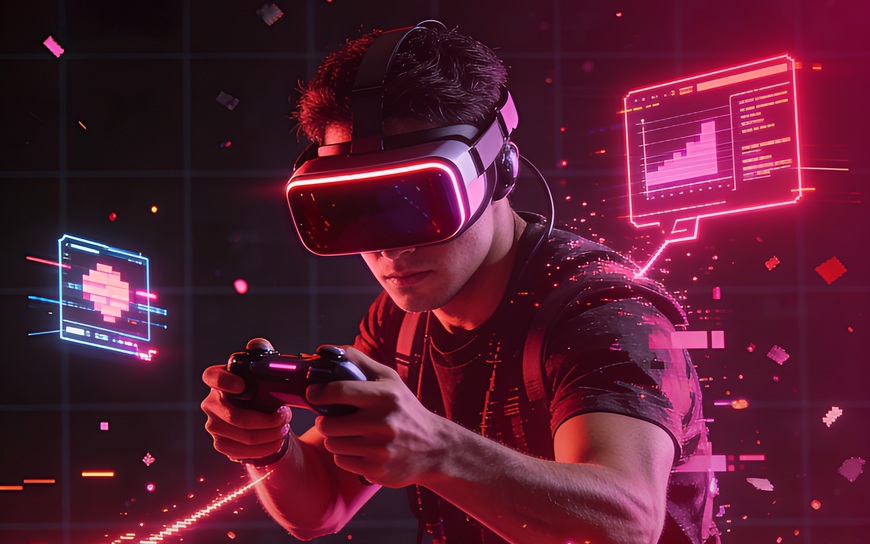 Gamer drží v ruce ovladač ke konzoli a hraje, má nasazené VR brýle, kolem jso světelné vizualizace různých aplikací