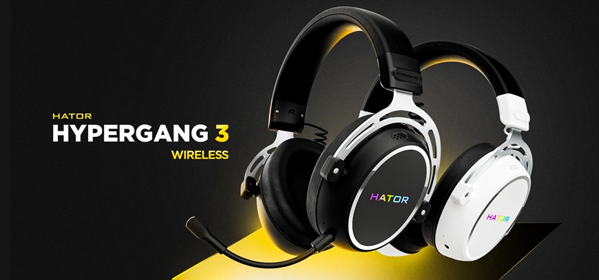 Černý a bílý headset HATOR Hypergang 3 Wireless, vlevo nápis HATOR Hypergang 3 Wireless
