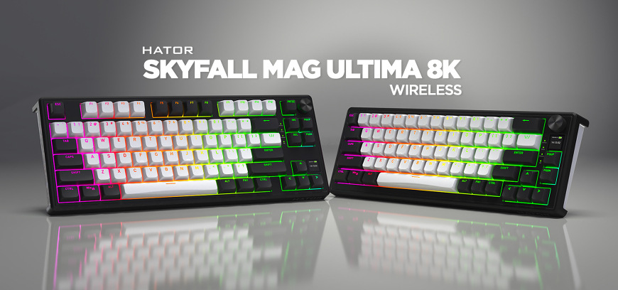 Dvě klávesnice HATOR Skyfall MAG ULTIMA 8K Wireless natočené k sobě, nad nimi nápis HATOR Skyfall MAG Ultima 8K Wireless 
