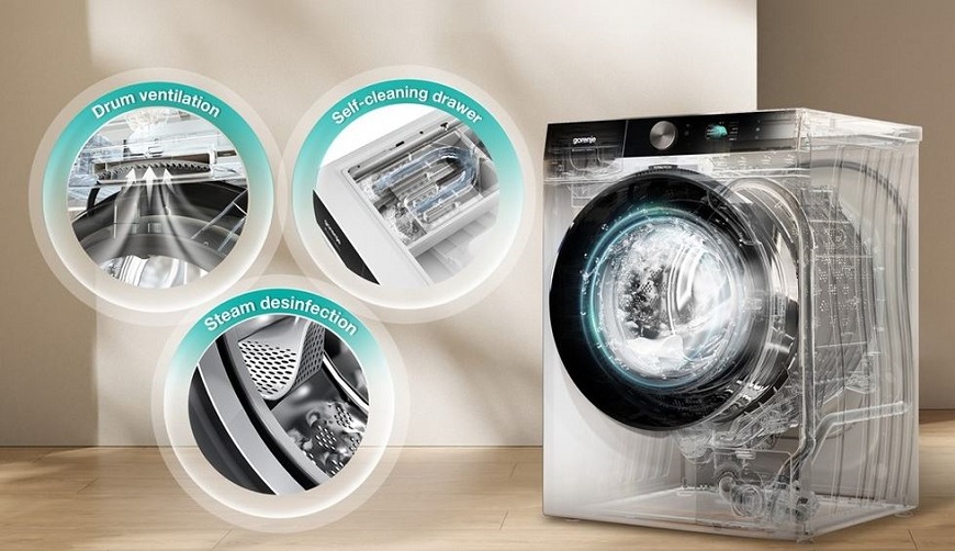 Gorenje ShoeWash Holder: Praktický způsob, jak prát boty v pračce nákres pračky gorenje a v kroužkách kolem ni jsou videt funkce, ktere ma.