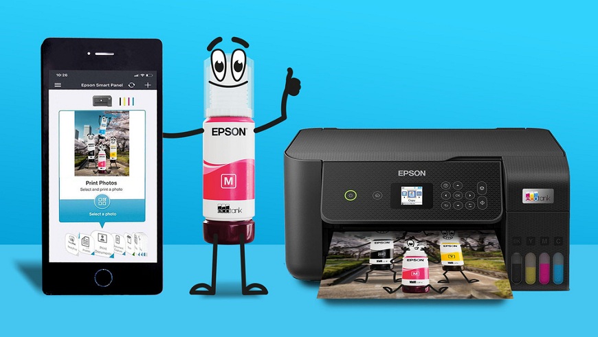 Jak vybrat tiskárnu? Kazety s inkoustem Epson s tiskárnou a mobil s mobilní aplikací Epson.