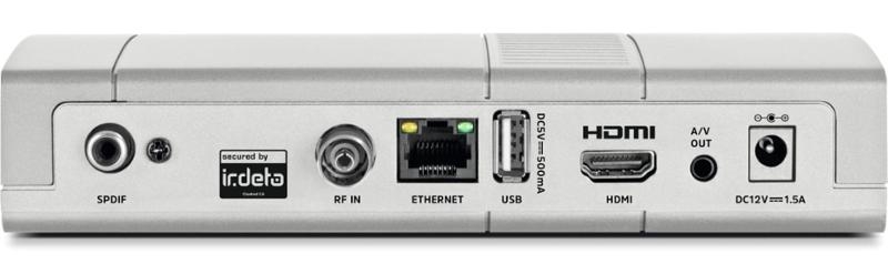 Set-top box Technisat T2 DVR – detail na konektory a zdířky pro zapojení kabelů.