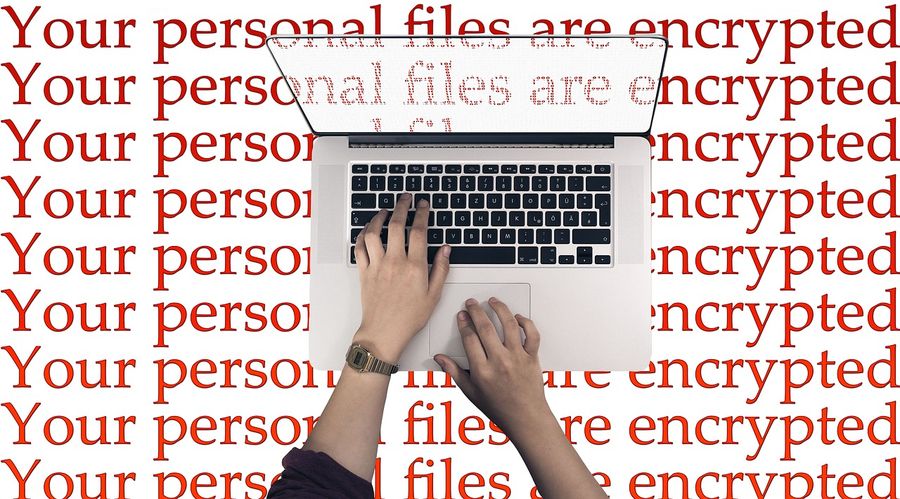  91 osoba píše na laptopu, detail, na pozadí je červený nápis Your personal files are encrypted