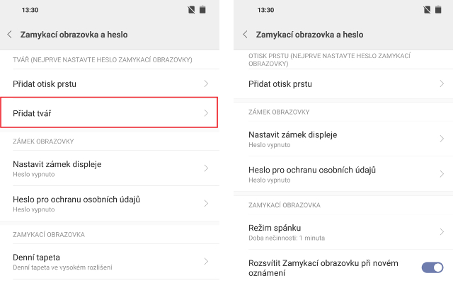 Čtečka tváře - menu PocoPhone F1