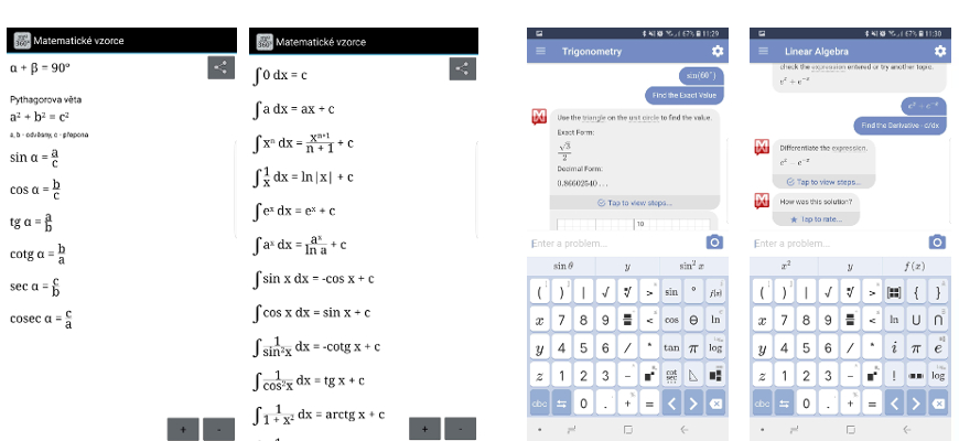 Vyzkoušejte nejlepší mobilní aplikace pro školáky a studenty Ukázka aplikací Mathway a Matematické vzorce