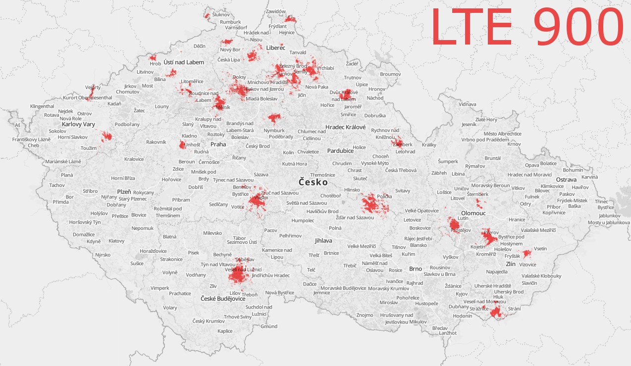 Mapa pokrytí LTE Vodafone 900 MHz