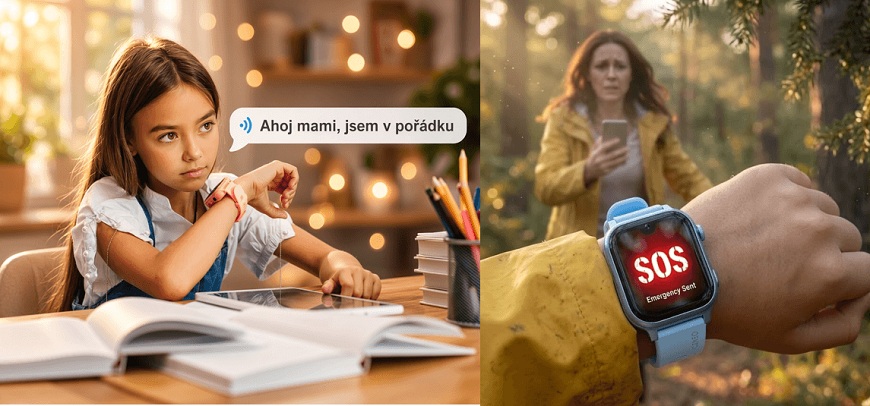Dětské hodinky Carneo: Klid pro rodiče, zábava pro děti Vlevo sedí holčička ve školní kavici a volá přes hodinky mámě. Vpravo jsou hodinky Carneo GuardKid+ s SOS tlačítkem.
