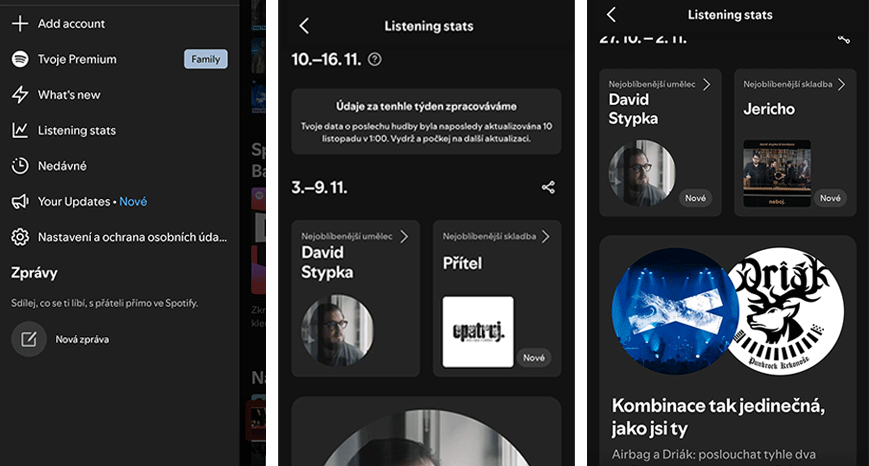 Nová statistika ve Spotify - týdenní souhrn poslechu