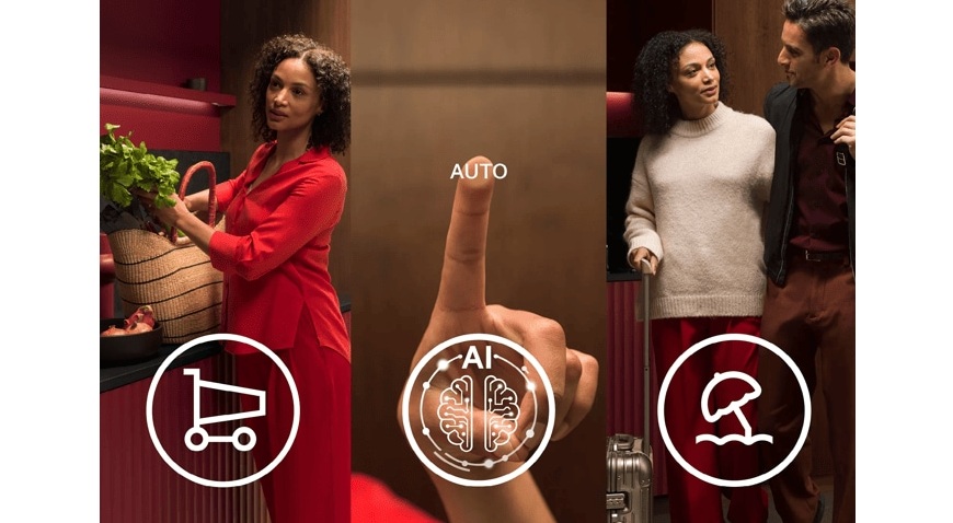 27 dB ticha: Lednice AEG přináší nový standard chlazení Vlevo žena s nákupem v kuchyni, symbol Auto Shopping Mode. Uprostřed prst mačká funkci Auto – symbol pro režim Automatické řízení teploty. Vpravo muž a žena s kufrem – symbol Auto Vacation Mode.