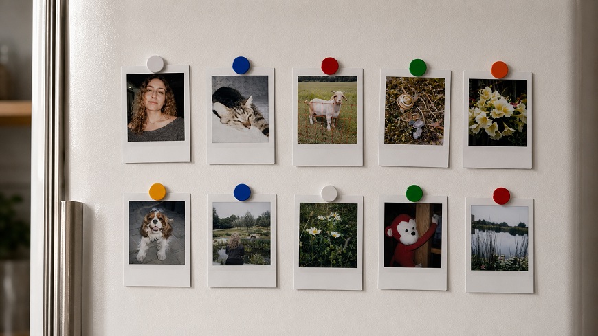 Recenze: Fujifilm instax Mini 13 – Instantní fotoaparát, který promění vzpomínky ve skutečné fotografie fotky z instax Mini 13 na lednici