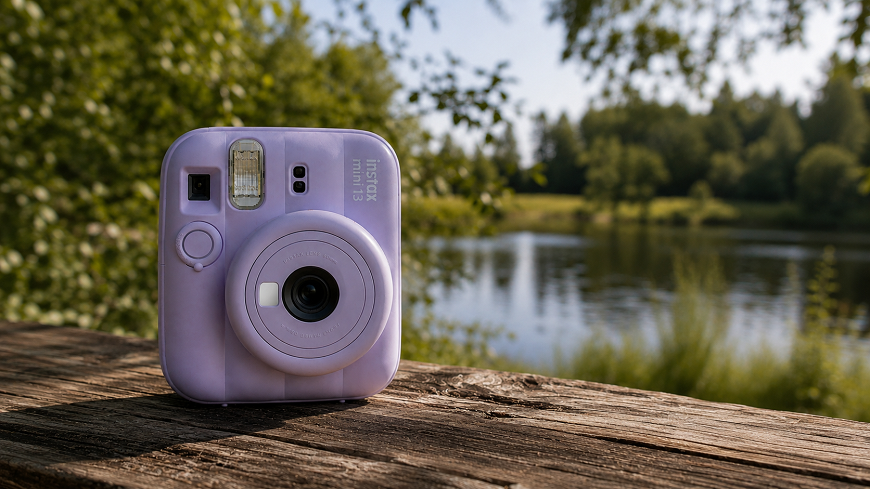 Recenze: Fujifilm instax Mini 13 – Instantní fotoaparát, který promění vzpomínky ve skutečné fotografie fotoaparát instax Mini 13 položený na lavičce s pozadím rybníka