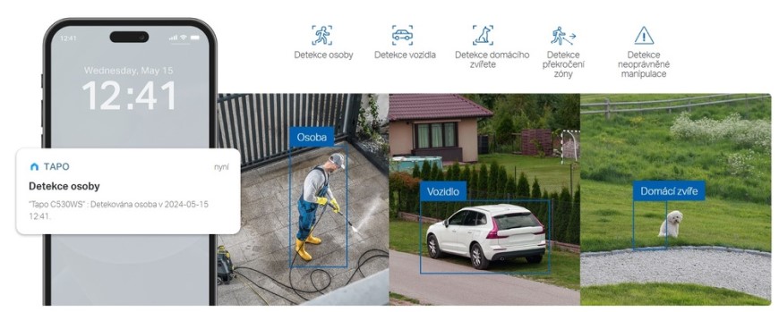 Jak připojit IP kameru: Průvodce krok za krokem připojením přes Wi-Fi i kabel Infografika k IP kamerám zachycující detekci osoby, vozidla i domácího zvířete