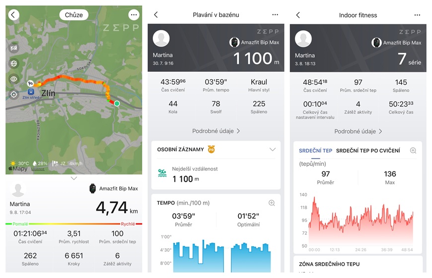 záznam sportovních aktivit v aplikaci hodinky Amazfit Bip Max