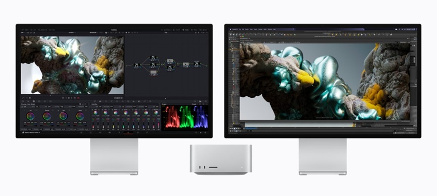 Nové Mac mini a Mac Studio jsou tady. Apple sází na obří výkon i AI dvě obrazovky a Apple Mac Studio