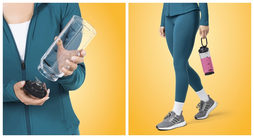 Nová éra mixování „To go“: bezdrátové mixéry nutribullet Flex motorová základna stolního mixéru nutribullet flex v rukou ženy, detail a žena nesoucí nutribullet Flex za úchytku