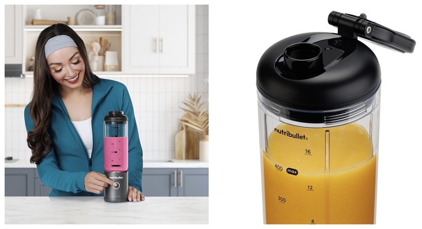 Nová éra mixování „To go“: bezdrátové mixéry nutribullet Flex vlevo žena s nutribullet flex mixérem na kuchyňské lince, vpravo detail nádoby mixéru nutribullet flex