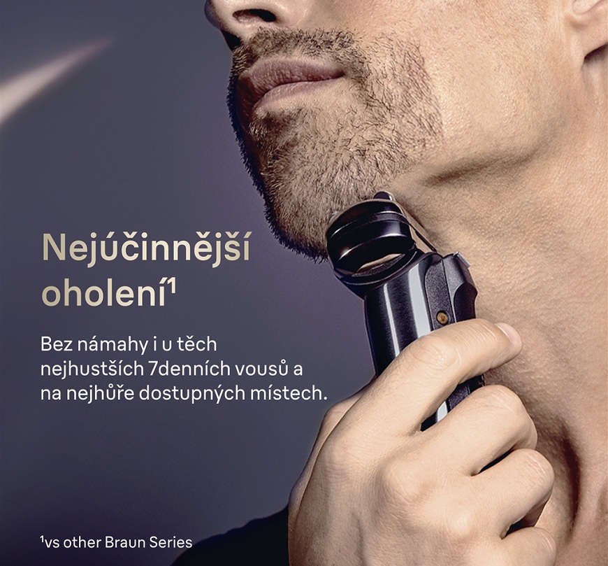 Muž si holí vousy s holicím strojkem Braun NEVO.