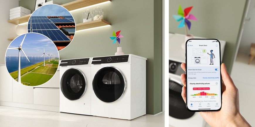 Co je Smart Start u chytrých spotřebičů Bosch? Pračka se sušičkou Bosch v koupelně, vedle mobil zobrazující aplikaci Home Connect a technologii Smart Start