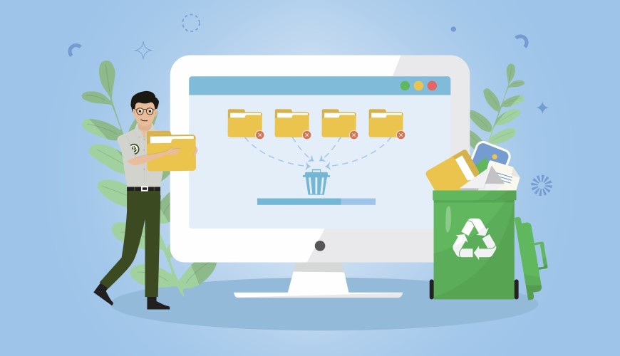 ☘️Co je to digitální odpad, jak ho vytváří naše online aktivita a jak ho omezit? Ilustrace muže, který se zbavuje digitálního odpadu