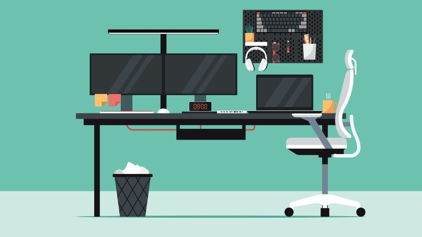 ☘️Co je to digitální odpad, jak ho vytváří naše online aktivita a jak ho omezit? Ilustrace kanceláře s monitory, notebookem, sluchátky
