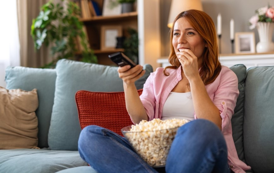 Jak vybrat televizi podle úhlopříčky? Žena sleduje televizi a jí popcorn